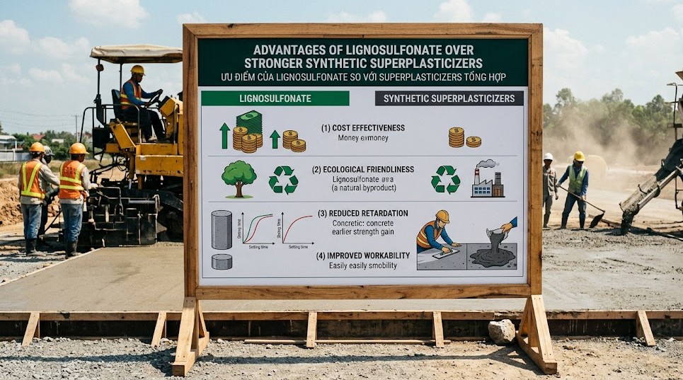 Advantages of lignosulfonate over stronger synthetic superplasticizers