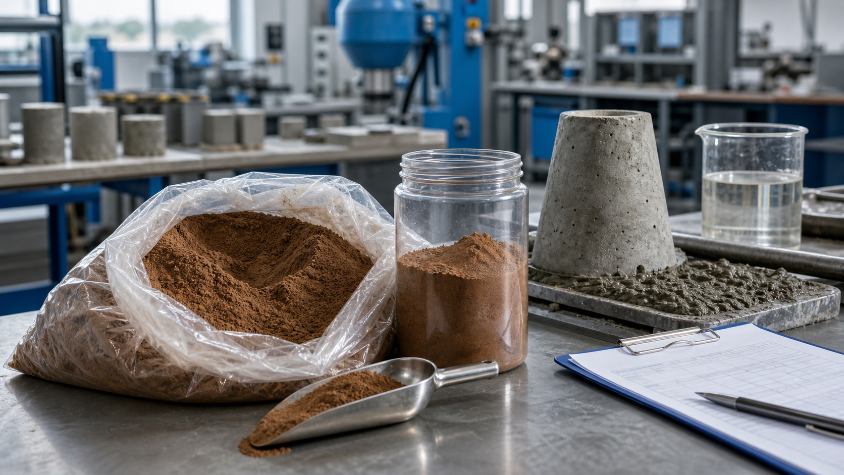 Magnesium lignosulfonate industrial grade powder for concrete admixture testing in an industrial laboratory