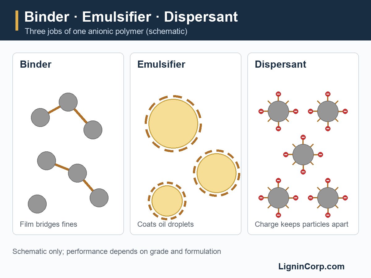 Schematic: lignosulfonate as binder, emulsifier and dispersant